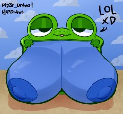 2026 amphibian areola aroused aroused_face aroused_female big_breasts blue_areola blue_breasts digital_drawing_(artwork) digital_media_(artwork) disney female frog huge_breasts lilypad_(toy_story) living_machine looking_at_viewer machine nipples pip3r_dr4ws pixar solo tablet text