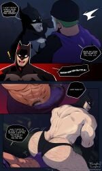 abs ass bara batman batman_(bruce_wayne) batman_(series) big_ass big_butt black_thong black_underwear bruce_wayne bubble_ass bubble_butt bulge butt clothed clothing dc dc_comics erect_penis erection erection_under_clothes facial_hair gay hairy hairy_ass hairy_legs hairy_male male male_focus male_only male_pubic_hair male_underwear masked masked_male muscular muscular_male open_mouth penis penis_peek pubes pubic_hair round_ass round_butt rumpletumple1 submissive submissive_hero submissive_male sweat sweatdrop sweating thong underwear yaoi