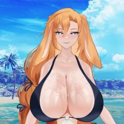 adora_bunny beach_background bikini_top bunny_girl female heart-shaped_pupils huge_breasts official_art orange_hair sweaty_body vtuber
