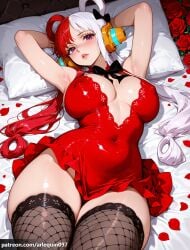 1girl ai_generated arlequin097 armpits arms_behind_head arms_up behind-the-head_headphones black_bow black_bowtie black_thighhighs blush bow bowtie breasts cleavage covered_navel covered_nipples curvy dress fishnet_thighhighs fishnets flower hair_bow hair_rings head_on_pillow headphones large_breasts lips long_hair looking_at_viewer lying multicolored_hair on_back on_bed one_piece parted_lips patreon_username petals pillow purple_eyes red_dress red_flower red_hair red_rose rose rose_petals shiny_clothes short_dress solo split-color_hair thick_thighs thighhighs thighs two-tone_hair uta_(one_piece) white_hair wide_hips