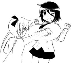 2girls anger_vein angry buttons collared_shirt greyscale hands_up huge_breasts kill_me_baby monochrome motion_lines one_eye_closed open_mouth oribe_yasuna punch punching school_uniform schoolgirl shirt short_hair skeleton_(artist) skirt sonya_(kill_me_baby) twintails