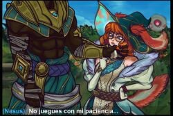 1boy 1girls aurora_(league_of_legends) bunny_ears bunny_girl child_bearing_hips curvaceous curvaceous_body curvaceous_female curvaceous_figure curvaceous_hips curvaceous_thighs league_of_legends league_of_legends:_wild_rift nasus vastaya waifu