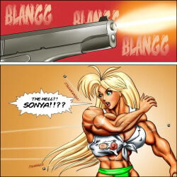 abs biceps blond_hair breasts dcmatthews female gun hair long_hair muscles muscular muscular_arms muscular_female pecs