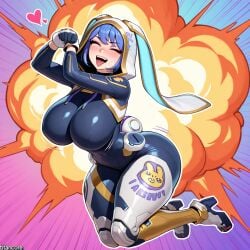 (titancore) ai_generated big_breasts bouncing_breasts bunnii_o'hare_(fortnite) bunny_girl bunny_suit bunny_tail curvy_figure cute_girl explosion explosion_background fortnite happy hoodie hoodie_up huge_breasts jumping skinsuit techsuit thick_ass thick_thighs thigh_clothing video_game_character wide_hips