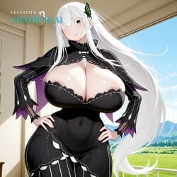 1girl ai_assisted ai_generated blue_eyes blue_robe breasts_spilling_out brown_eyes closed_mouth clothes_too_small curvaceous_body enormous_breasts enormous_hips enormous_thighs floating_hair hand_on_own_hip head_tilt home indoors intimate legs looking_at_viewer looking_down massive_breasts one_eye_closed oversized_breasts perfect_body rezero scenery slit_pupils slut standing succubus three_quarter_view tiny_waist uncensored voluptuous_body white_eyelashes white_hair whore