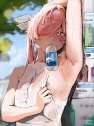 alterkyon arm_up armpit armpit_crease armpit_fetish bottle magicorps_(alterkyon) male male_only nipples original original_character pink_hair see_through_clothing sweat sweating sweaty tadakuni_(alterkyon) water_bottle