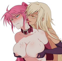 2girls blonde_hair blue_eyes blush breast_grab breasts collar cypha_of_huckebein dark_skin elbow_gloves female female_only gloves highres long_hair lyrical_nanoha mahou_senki_lyrical_nanoha_force multiple_girls nipples pink_hair ponytail signum sm318 sweat tied_hair very_long_hair white_background yellow_eyes yuri