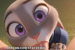 1boy 1girl ai ai_art ai_generated animal_ears animal_nose body_fur close-up erection fellatio furry furry_female furry_male furry_with_non-furry grass grey_fur head_tilt hetero interspecies judy_hopps looking_at_viewer oral outdoors penis police police_uniform pov pov_crotch purple_eyes rabbit rabbit_ears rabbit_girl saliva solo_focus teeth uncensored white_fur zootopia