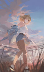 1girls absurd_res ahoge anis_(nikke) artist_request ass belt black_belt black_choker chain-link_fence choker cleavage cloud denim fence from_below full_body goddess_of_victory:_nikke grass grey_shoes highres jacket miniskirt outdoors romanti shoes sneakers solo standing tank_top white_socks