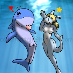 2009 anthro anus blonde_hair blue_body blush breasts closed_eyes female feral fin fish gills hair hairband heart long_hair marine navel nipples pussy raised_arm shark slushy star swimming tongue tongue_out underwater water white_body