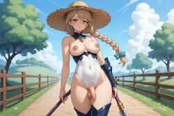 1girl ai_assisted ai_generated anime_coloring armor braided_pigtails chode cute_face detailed_penis dynamic_angle epic_seven excessive_foreskin facing_viewer flaccid_penis freckles futa futanari inverted_nipples light_brown_eyes limp_penis long_hair luna naked nude phimosis seductive_pose small_penis solo solo_futa source_anime straw_hat teenager