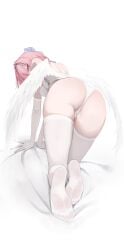 1girl absurdres all_fours ass bare_shoulders bow breasts commentary elbow_gloves from_behind full_body gloves hair_bow hair_intakes hair_ornament highres laneigu large_breasts leotard long_hair looking_at_viewer looking_back low_wings pink_eyes pink_hair purple_bow remielle_dan soles solo thigh_gap thighhighs thighs toes white_background white_gloves white_leotard white_thighhighs white_wings wings zenless_zone_zero