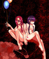 2girls aoshima balloon blue_eyes breasts busty cleavage clenched_teeth cutie_mark dark_persona friendship_is_magic hair_over_breasts hair_over_one_eye heart highres hime_cut holding_hands human humanized long_hair midriff multicolored_hair multiple_girls my_little_pony nude personification pinkamena_(mlp) pinkie_pie_(mlp) purple_eyes red_hair sitting smile straight_hair twilight_sparkle_(mlp) voluptuous