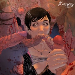 1girls afflicted_(resident_evil) black_hair blood blowbang blowjob brown_eyes capcom double_blowjob double_fellatio erection fellatio female gore kingsway male male/female moira_burton monster multiple_boys oral oral_penetration oral_sex penis resident_evil resident_evil_revelations_2 sex short_hair