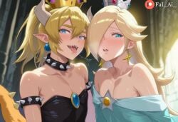 2boys ai_generated blonde_hair blush bowsette boys dress fai_ai_ femboy flat_chest long_hair mario_(series) mario_bros otoko_no_ko otokonoko rosalina shoulder_to_shoulder skinny slender_waist upper_body