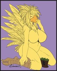 ass avian beak big_breasts big_butt bird blush breasts chocobo chubby closed_eyes feathers feathers female final_fantasy hair huge_breasts long_hair overweight solo syrae-universe tricca_(character) video_games voluptuous wide_hips wings