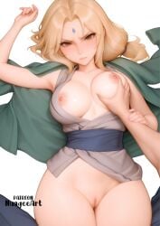1boy 1girl ai_generated arm_up armpits artist_name bangs blonde_hair blush breast_grab breasts breasts_out brown_eyes closed_mouth collarbone explicit facial_mark forehead forehead_mark grabbing hetero jacket jacket_on_shoulders japanese_clothes kimono large_breasts long_hair looking_at_viewer low_twintails lying naruto naruto_(series) naruto_shippuden nipples no_bra no_panties nuageeart on_back open_clothes parted_bangs pov pov_hands pussy sash simple_background solo_focus sweat thighs tsunade tsunade_(naruto) twintails uncensored v-shaped_eyebrows white_background