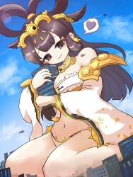 amaterasu_(battle_cats) barefoot battle_cats blue_sky building_between_breasts city clouds crushing curvy destroyed_building destruction giantess happy helicopter hug large_breasts looking_down nyanko_daisensou plane smile spoken_heart the_battle_cats thick_thighs wide_hips