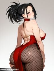 1girl ai_generated areola_slip arlequin097 ass ass_grab ass_support back backless_dress backless_outfit bare_arms bare_back bare_shoulders black_eyes black_hair blush boku_no_hero_academia breasts china_dress chinese_clothes closed_mouth cowboy_shot dress earrings fishnet_pantyhose fishnets forehead from_behind grabbing_own_ass gradient_background grey_background hair_pulled_back hand_on_own_ass high_ponytail hoop_earrings jewelry large_breasts lips looking_at_viewer looking_back median_furrow momo_yaoyorozu my_hero_academia pantyhose patreon_username pelvic_curtain ponytail red_dress shoulder_blades sideboob simple_background sleeveless_dress solo standing thighs