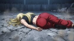 1girl 1girls anime anime_style ass ass_focus back back_view backshots blonde_female blonde_hair butt butt_focus damaged damsel_in_distress defeated defeated_heroine fat_ass fat_butt female female_focus female_only injured injury jjk jujutsu_kaisen knocked_out long_hair muscle_mommy muscular_female passed_out sleeping yellow_hair yuki_tsukumo