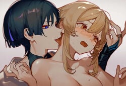 1boy 1girl ai_generated blonde_female blonde_hair blue_eyes breasts female genshin_impact licking licking_neck lumine_(genshin_impact) male male/female scaramouche_(genshin_impact) sensual straight sweat