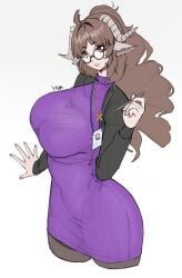 1girls animal_ears arknights artist_request badge big_breasts bra bra_visible_through_clothes brown_hair character_request dress female female_only glasses highres hips holding_pen kemonomimi light-skinned_female light_skin long_hair long_sleeves mature mature_female mole mole_on_breast mole_under_mouth nail_polish necklace open_mouth pantyhose pink_nails purple_dress red_eyes round_ass solo spread_fingers tight_clothing turtleneck