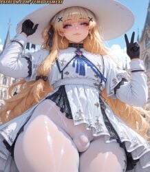 1boy ai_generated alternate_body_type ass balls belly belly_button big_eyes bimbo black_gloves blonde_hair bulge choker curvy dress dress_lift fantasy fat_ass femboy femboy_only femboysmeat femboysub gloves hair_ornament hat hips hyper_hips long_hair makeup male male_only otoko_no_ko pantyhose peace_sign penis phoebe_(wuthering_waves) purple_eyes sissy sissyfication small_breasts small_penis solo solo_femboy solo_male sports_uniform thighs thong tights voluptuous voluptuous_body voluptuous_male white_dress white_hat white_pantyhose white_skin white_tights wide_hips wuthering_waves