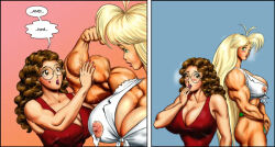 2girls abs ass biceps blond_hair breasts brown_hair dcmatthews female glasses hair long_hair muscles muscular muscular_arms muscular_female muscular_legs muscular_thighs pecs