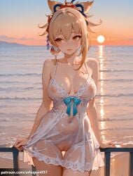 1girl against_railing ai_generated alternate_costume arlequin097 bare_arms bare_shoulders beach blonde_hair blush breast_tattoo breasts breasts_apart chest_tattoo cleavage cleft_of_venus closed_mouth collarbone covered_navel covered_nipples cowboy_shot dress evening eyeliner flower_tattoo genshin_impact gradient_sky hair_between_eyes hair_ornament horizon hoyoverse large_breasts looking_to_the_side makeup medium_breasts mihoyo navel nipples no_panties ocean orange_eyes orange_sky outdoors ponytail pussy railing red_eyeliner see-through see-through_dress sky solo spaghetti_strap sun sunset tattoo thigh_gap thighs uncensored water wet wet_clothes wet_dress white_camisole white_dress yoimiya_(genshin_impact)