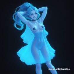 1girl ai_assisted ai_generated blue_hair blue_skin bottomless choker cinematic_lighting cute depth_of_field devious hands_behind_head happy high_quality hourglass_figure long_blue_hair looking_at_viewer medium_breasts moon muscle_definition night_sky perfect_breasts ponytail proud seductive seductive_look sexy smile stormlight_archive sultry tall toned voluptuous