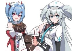 1boy 2girls after_orgasm alternate_version_at_source alternate_version_available blue_eyes blue_hair blush bodysuit censored clothed_female_nude_male clothing collaborative_pussyjob collaborative_sex colphne_(girls'_frontline_2) colphne_(silent_heart)_(girls'_frontline_2) cum cum_on_body cum_on_breasts cum_on_face feet_out_of_frame female florence_(girls'_frontline_2) fully_clothed girls'_frontline girls'_frontline_2:_exilium groin group group_sex hat heart-shaped_pupils jacket long_hair looking_at_viewer male mosaic_censoring multiple_girls necktie nurse_cap open_mouth pa-15_(girls'_frontline) penis pussy pussyjob red_eyes ripped_clothing risu_(risu028) scissoring smile threesome tribadism tribadism_on_penis twin_braids