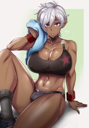 abs colette_belrose dark-skinned_female dark_elf dark_skin elezen elf final_fantasy final_fantasy_xiv gym_uniform huge_breasts large_breasts muscular muscular_female naughty_face seductive standby sweat thick_thighs white_hair