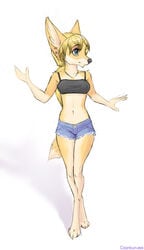 anthro belly blonde_hair blue_eyes canine clothing coonkun ear_piercing female fox fur furry hair jewelry kelseyfox makeup midriff navel necklace nipples petite piercing plain_background ponytail pose shorts solo tied_hair tomboy tube_top waving white_background young