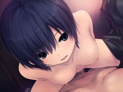 bare_shoulders blue_eyes blue_hair blush breasts censored clothes coffee-kizoku collarbone dakimakura dutch_angle female from_above game_cg looking_at_viewer looking_up love_es_m nipples nude open_mouth penis sex short_hair solo_focus sweat tsurutani_ayaka