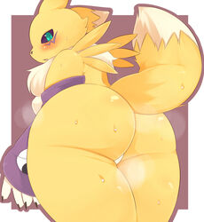 abstract_background anthro ass big_butt big_thighs black_nose blue_eyes breasts canine chubby digimon facial_markings female fox fur furry gloves looking_back markings mcdonnell-douglas renamon sideboob solo standing sweat thick_thighs