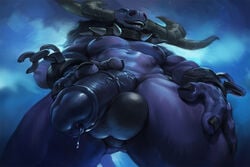 1boy 2014 alistar anthro balls bovine chains collar cuffs darkgem horn league_of_legends male male_only mammal minotaur nipples penis precum solo spiked_collar uncensored vein veiny_penis