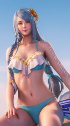 1girls athletic athletic_female beach belly_button bikini breasts cleavage female female_only final_fantasy final_fantasy_xvi frilled_bikini hair_ribbon jill_warrick light-skinned_female light_skin long_hair looking_at_viewer medium_breasts ocean posing posing_for_picture posing_for_the_viewer silver_hair slim_waist smiling smiling_at_viewer solo solo_female solo_focus sreliata sunset swimsuit tiny_bikini tiny_waist toned toned_female video_game_character wide_hips