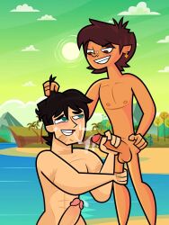 beach big_penis black_hair blowjob brown_hair cum cum_on_face disventure_camp disventure_camp:_fans_vs_favorites earrings fellatio gay genderfluid grabbing_penis male_only outside pulling_hair ren_(disventure_camp) scar tom_(disventure_camp) yaoi