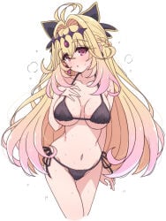 1girl :o alternate_breast_size_(larger) antenna_hair bikini blonde_hair breasts cure_arcana_shadow gradient_hair highres large_breasts long_hair looking_at_viewer meitantei_precure! mel_(melty_pot) moria_luluka multicolored_hair navel pink_eyes pink_hair precure side-tie_bikini_bottom simple_background solo sweat swimsuit thighs very_long_hair white_background
