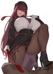 1boy 1girls angry ascot aster_crowley black_jacket black_panties black_pantyhose blush breasts cameltoe clothed_female_nude_male dark-skinned_male dark_skin fate/grand_order fate_(series) footjob hat hi_res huge_breasts looking_at_viewer nude open_mouth panties pantyhose pantyshot penis purple_hair red_eyes scathach_(fate) simple_background skirt stomping sweat teeth thick_thighs thighs tongue uncensored underwear veiny_penis very_long_hair whip white_background white_gloves white_shirt