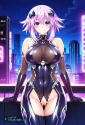 1girl ai_assisted ai_generated armor bare_shoulders black_bodysuit city cityscape clouds cowboy_shot crotchless curvy dark_theme detailed_pussy dynamic_lighting elbow_gloves fishnets gloves high_contrast kagami_hirotaka koukawa_oboro looking_at_viewer neon_lights night night_sky outdoors purple_eyes purple_hair soft_shading taimanin_asagi_zero taimanin_suit thigh_gap visible_pussy