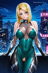 1girl ai_assisted ai_generated armor bare_shoulders bedroom big_eyes black_bodysuit blonde_hair blue_eyes city cityscape clouds cowboy_shot crotchless curvy dark_theme detailed_pussy dynamic_lighting elbow_gloves fishnets gloves green_dress high_contrast kagami_hirotaka koukawa_oboro looking_at_viewer neon_lights night night_sky outdoors posing soft_shading standing taimanin_asagi_zero taimanin_suit thigh_gap visible_pussy