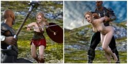 1boy 1girls 3d before_and_after clothed clothed/nude clothed_male_nude_female defeated female kanebrooks male nude nude_female original shield sword