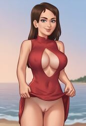 1girls 2d_(artwork) 2d_artwork ai_assisted asking_for_it asking_for_sex breasts brown_hair brunette cleavage cleavage_cutout daeisi digital_drawing_(artwork) digital_media_(artwork) dress dress_lift female female_focus female_only hi_res high_quality high_resolution highres horny horny_female innie_pussy jenny_(summertime_saga) light-skinned_female light_skin looking_at_viewer no_panties no_panties_under_dress presenting presenting_pussy pussy pussy_lips shaved_crotch shaved_pussy showing_off showing_pussy smile smiling standing summertime_saga tease teasing teenage_girl teenager upskirt vagina