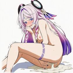 after_sex ai_generated blush breasts citlali_(genshin_impact) completely_nude cum cum_in_pussy dripping_cum embarrassed genshin_impact hentai_world legs navel nipples shy