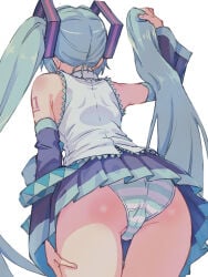 1girl aqua_hair aqua_panties arm_at_side commentary_request cowboy_shot crotch_seam detached_hair detached_sleeves from_behind from_below hand_up hatsune_miku highres holding_own_hair leaning_forward long_hair long_sleeves miniskirt panties pleated_skirt purple_skirt purple_sleeves shirt side_ponytail simple_background skirt sleeveless sleeveless_shirt solo standing striped_clothes striped_panties thigh_gap underwear upskirt very_long_hair vocaloid white_background white_shirt