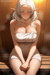 1girl ai_generated bare_shoulders blush breasts cleavage closed_mouth collarbone elf green_eyes half-closed_eyes hi_res high_quality high_resolution large_breasts long_hair looking_at_viewer mushoku_tensei naked_towel patreon pointy_ears seductive sexy sitting smile solo steam sylphiette_(mushoku_tensei) towel uncensored watermark white_hair white_towel wooden_wall