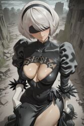 1girl ai_generated black_blindfold black_dress blindfold breasts cleavage cleavage_cutout covered_eyes covered_navel dress feather-trimmed_sleeves gloves hairband hi_res high_quality high_resolution juliet_sleeves large_breasts leotard long_sleeves mole mole_under_mouth nier:_automata patreon pink_lips puffy_sleeves savvyraexo seductive sexy shiny shiny_skin short_hair silver_hair solo thighhighs uncensored watermark yorha_2b yorha_no._2_type_b