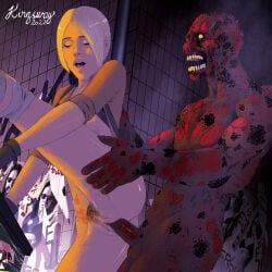 1boy 1girls 1monster blonde_hair closed_eyes duo female female_penetrated female_pubic_hair gore male male/female male_penetrating male_penetrating_female monster open_mouth party_girl_(resident_evil) pubic_hair resident_evil resident_evil_operation_raccoon_city sex sienna_fowler standing standing_sex straight vagina vaginal vaginal_penetration vaginal_sex zombie