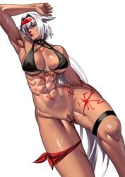 1girls armpits arms_up bikini black_bikini body_markings breasts caenis_(fate) cleavage dark-skinned_female dark_skin fate/grand_order fate_(series) female large_breasts looking_at_viewer lying muscular muscular_female on_back solo swimsuit thick_thighs zinfian